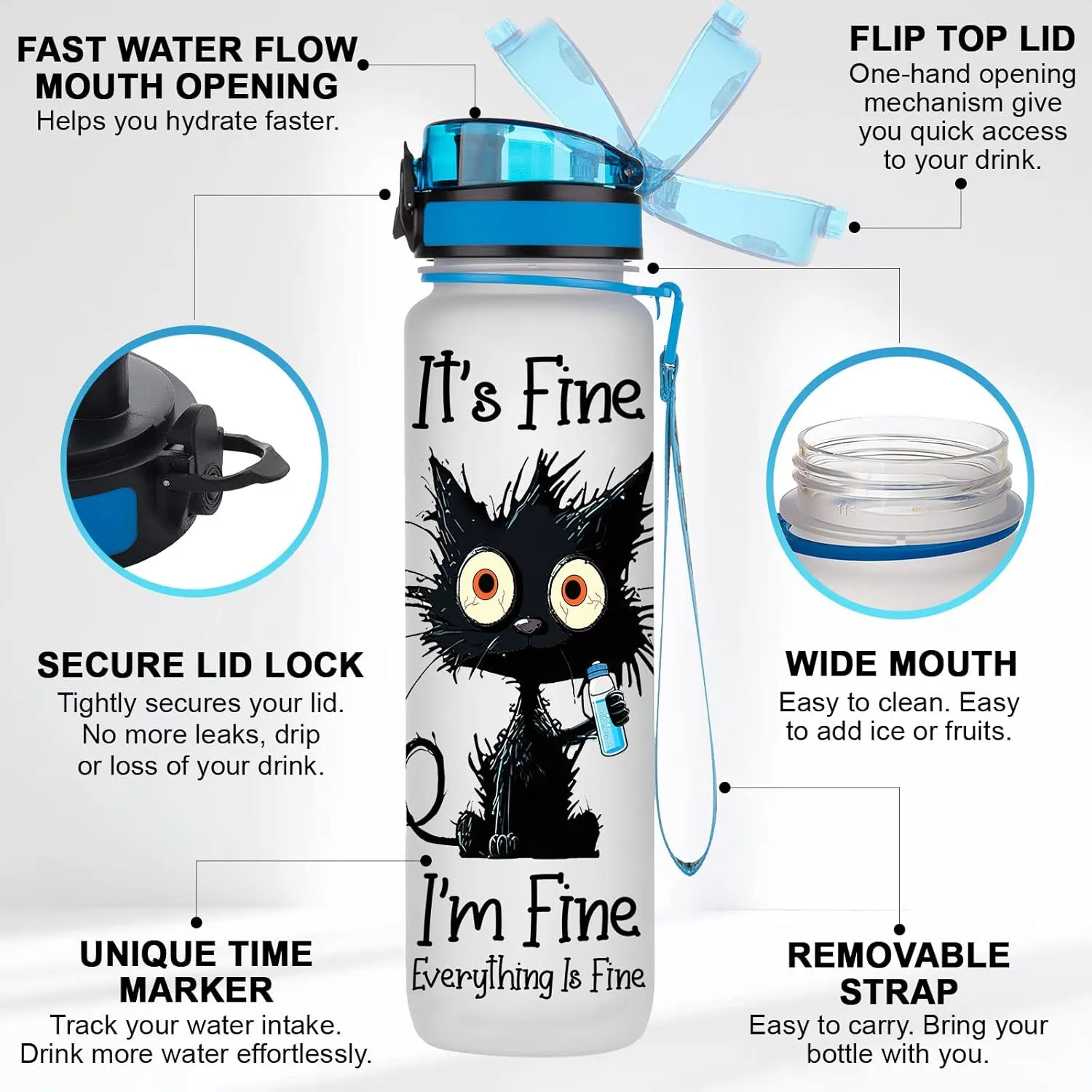 Crazy Cat Water Bottle 32 oz Tritan Plastic, Its Fine Everything Is Fine Water Bottle, Funny Birthday Mothers Day Halloween Christmas Gifts for Pet Lovers Cat Mom Lady Women