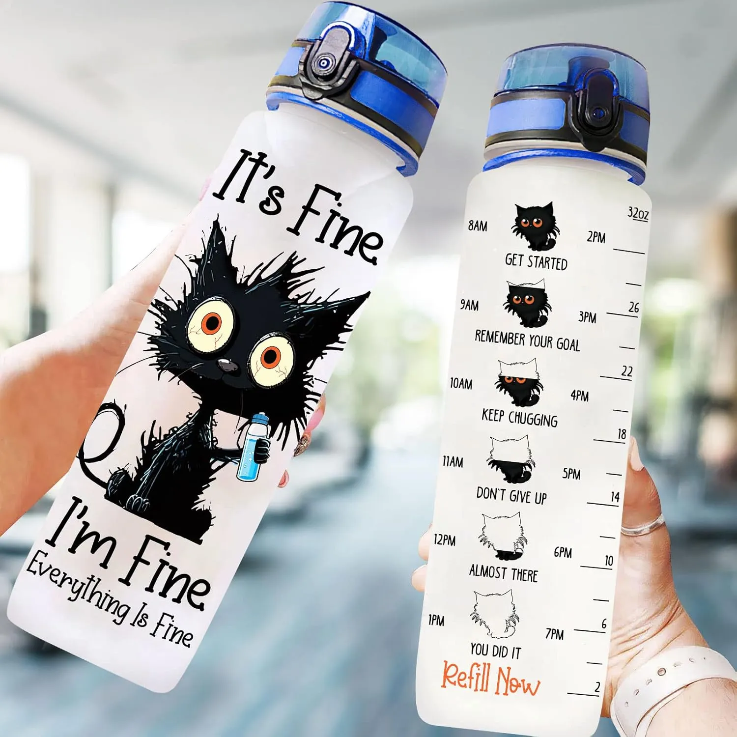 Crazy Cat Water Bottle 32 oz Tritan Plastic, Its Fine Everything Is Fine Water Bottle, Funny Birthday Mothers Day Halloween Christmas Gifts for Pet Lovers Cat Mom Lady Women