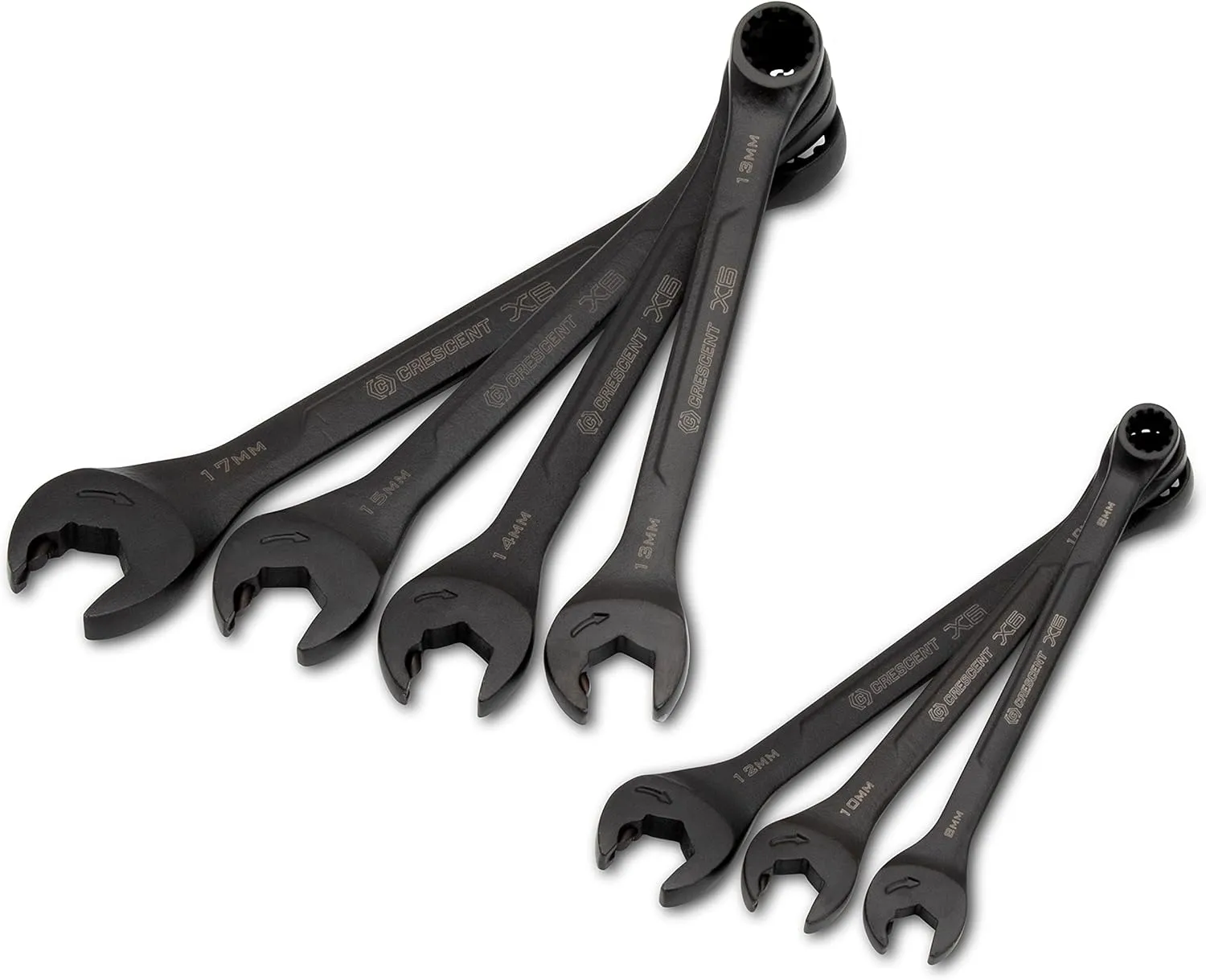 Crescent 7 Piece X6™ Black Oxide Spline Open End Ratcheting Combination Metric Wrench Set - CX6RWM7