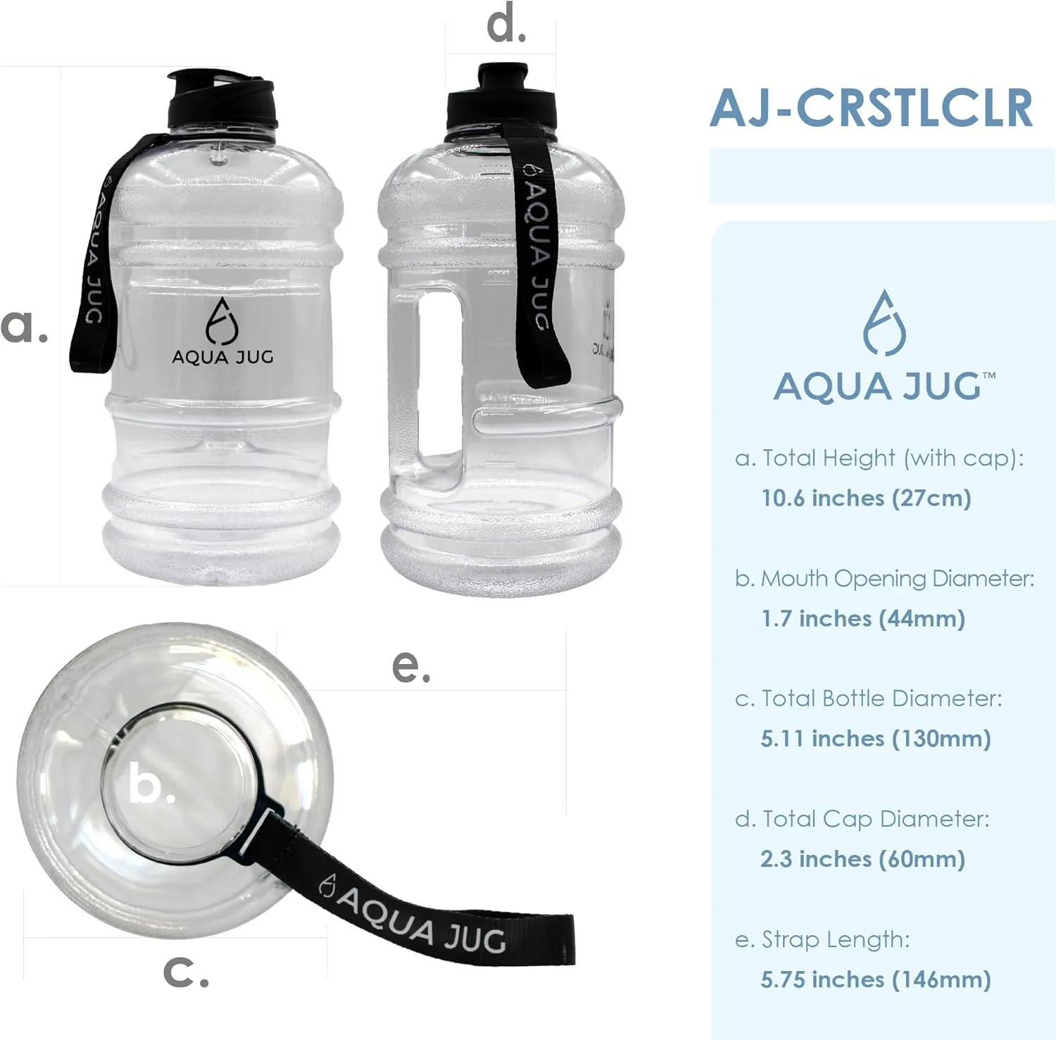 Crystal Clear Big Water Jug, Dishwasher Safe BPA Free 2.2-liter Wide Mouth Travel Sports Gym Water Bottle for Men and Women