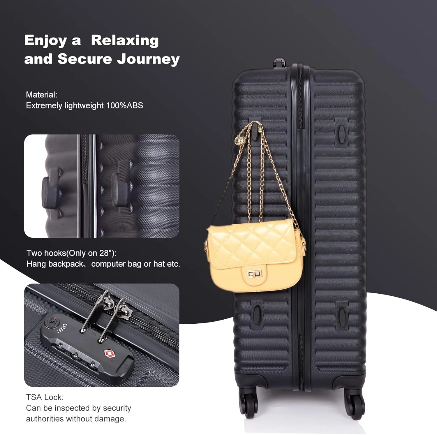 CuisinSmart 3 Piece Hardshell Luggage Sets Lightweight Suitcase With 2 Hooks, 360 Degree Spinner Wheels, TSA Lock For Travel (20"/24"/28") Black As shown