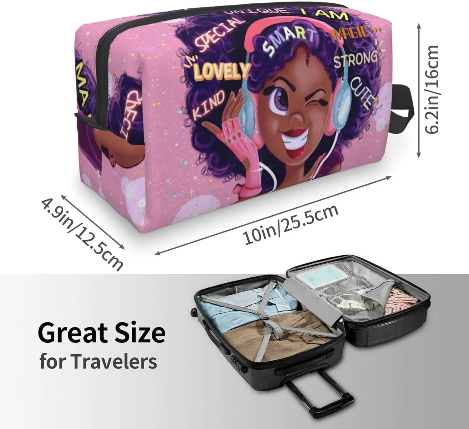 Cute African Black Girl Travel Makeup Bag Large Cosmetic Bag Makeup Case Organizer for Women Magic