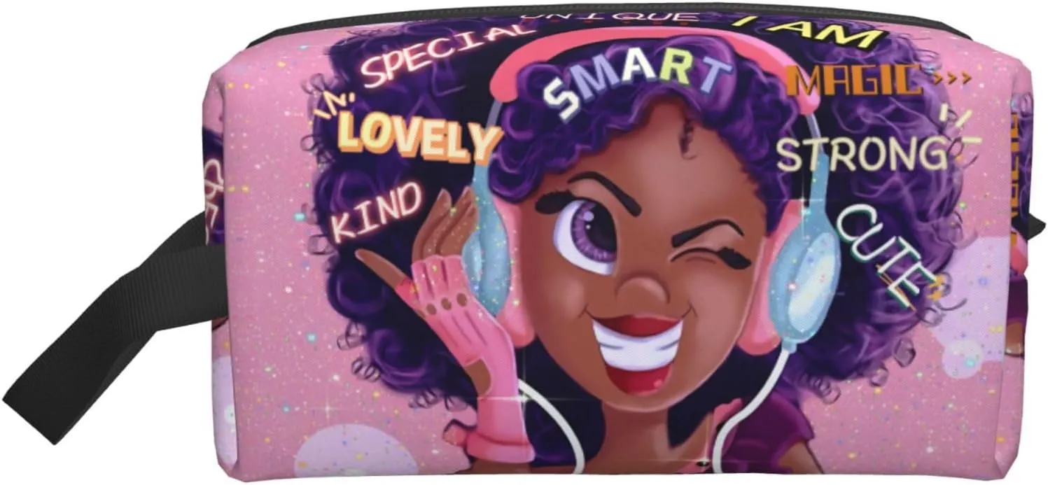 Cute African Black Girl Travel Makeup Bag Large Cosmetic Bag Makeup Case Organizer for Women Magic