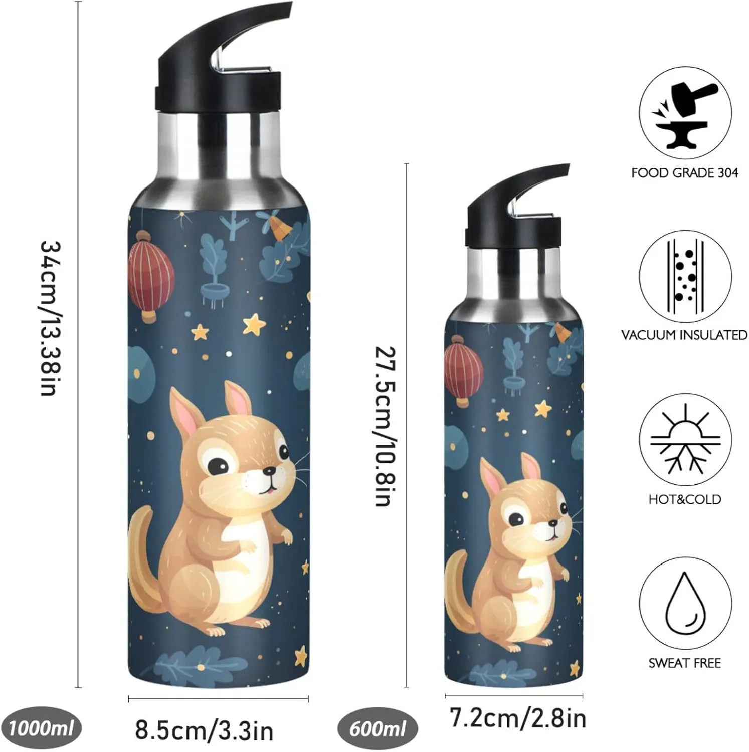 Cute Cartoon Squirrel Sport Water Bottle Insulated Stainless Steel Large Vacuum Flask Leak Proof Thermos with Straw for Travel(600ml/1000ml)