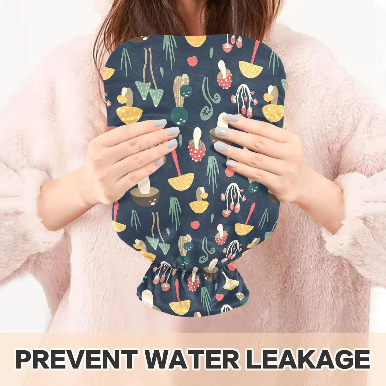 Cute Mushrooms Black Classic Hot Water Bottle with Cover 2L Reusable Hot Water Bag Hot Water Bed Warmer for Menstrual Cramps, Neck, Shoulder, Back Pain Relief