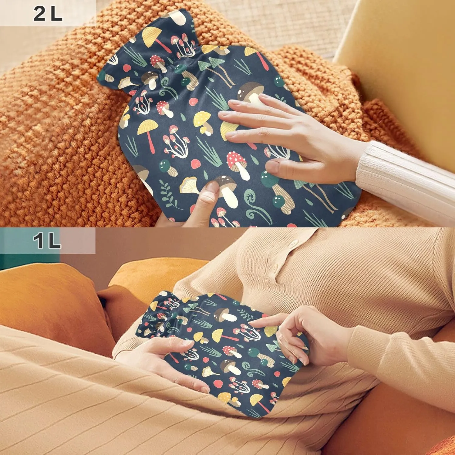 Cute Mushrooms Black Classic Hot Water Bottle with Cover 2L Reusable Hot Water Bag Hot Water Bed Warmer for Menstrual Cramps, Neck, Shoulder, Back Pain Relief
