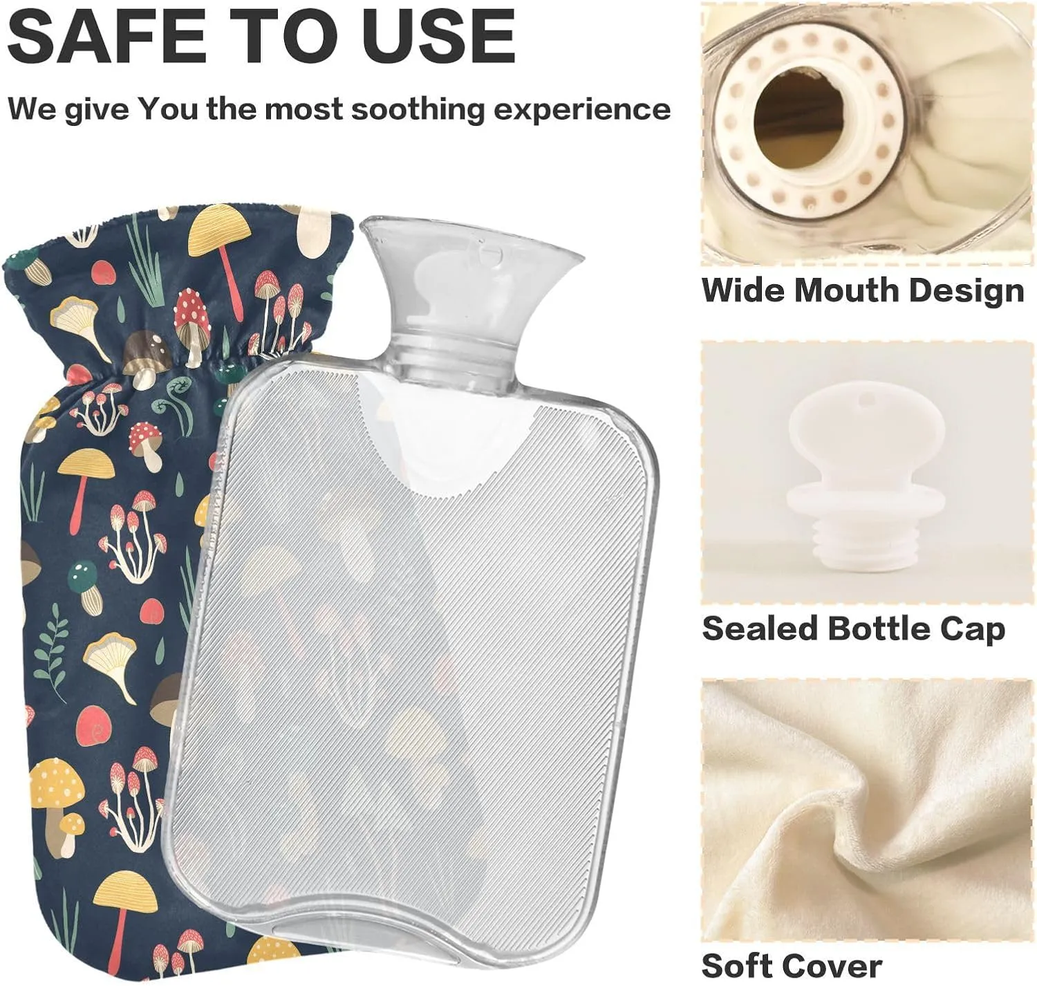 Cute Mushrooms Black Classic Hot Water Bottle with Cover 2L Reusable Hot Water Bag Hot Water Bed Warmer for Menstrual Cramps, Neck, Shoulder, Back Pain Relief