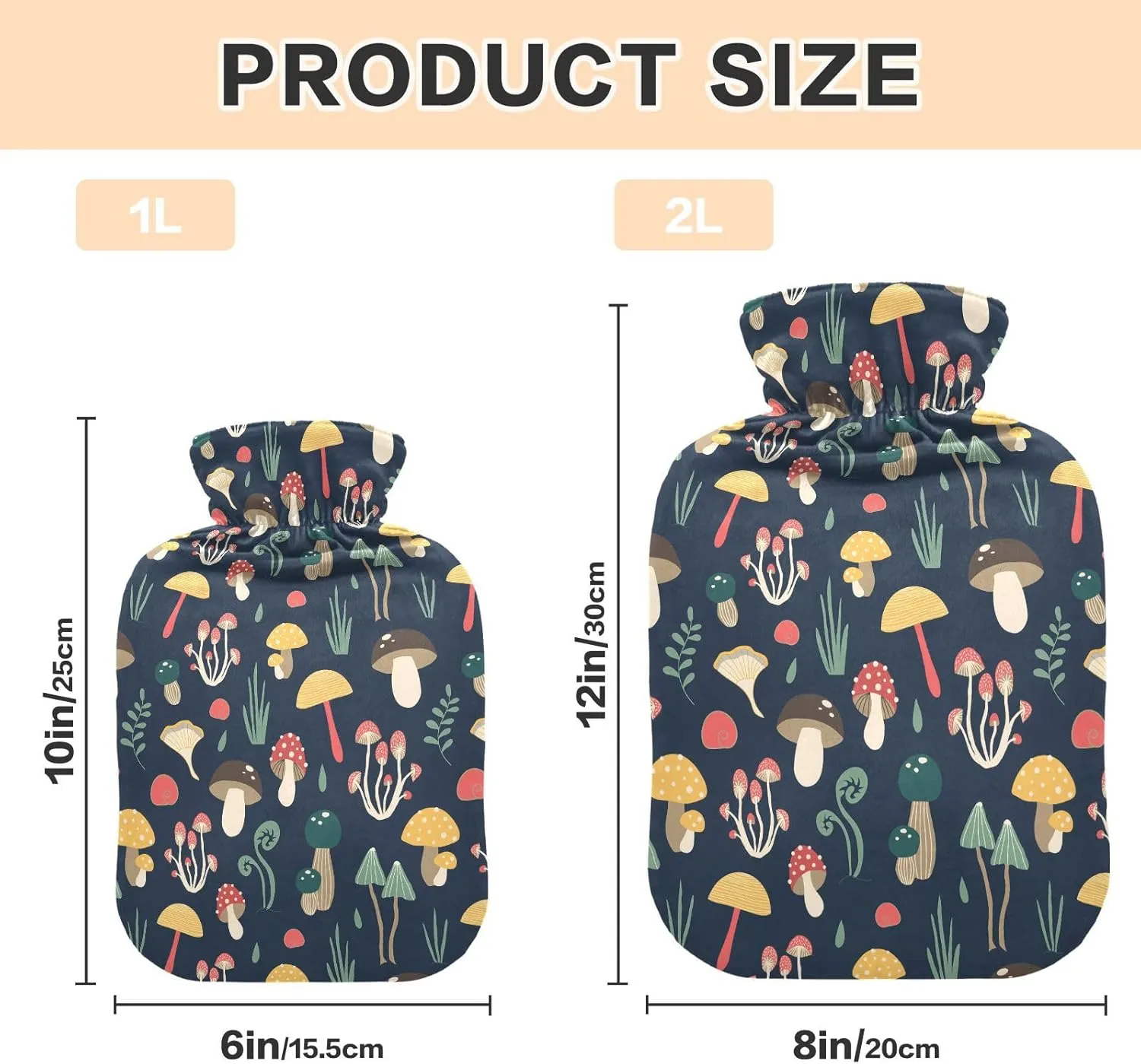 Cute Mushrooms Black Classic Hot Water Bottle with Cover 2L Reusable Hot Water Bag Hot Water Bed Warmer for Menstrual Cramps, Neck, Shoulder, Back Pain Relief