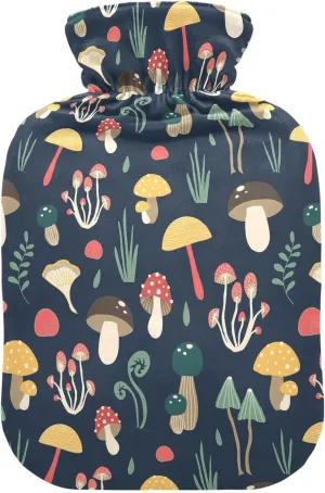 Cute Mushrooms Black Classic Hot Water Bottle with Cover 2L Reusable Hot Water Bag Hot Water Bed Warmer for Menstrual Cramps, Neck, Shoulder, Back Pain Relief