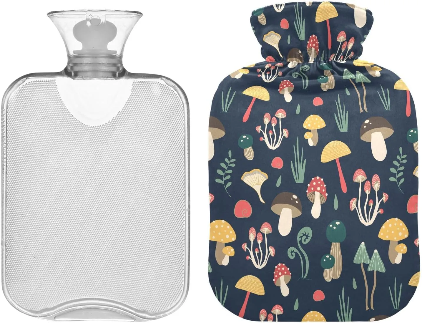 Cute Mushrooms Black Classic Hot Water Bottle with Cover 2L Reusable Hot Water Bag Hot Water Bed Warmer for Menstrual Cramps, Neck, Shoulder, Back Pain Relief