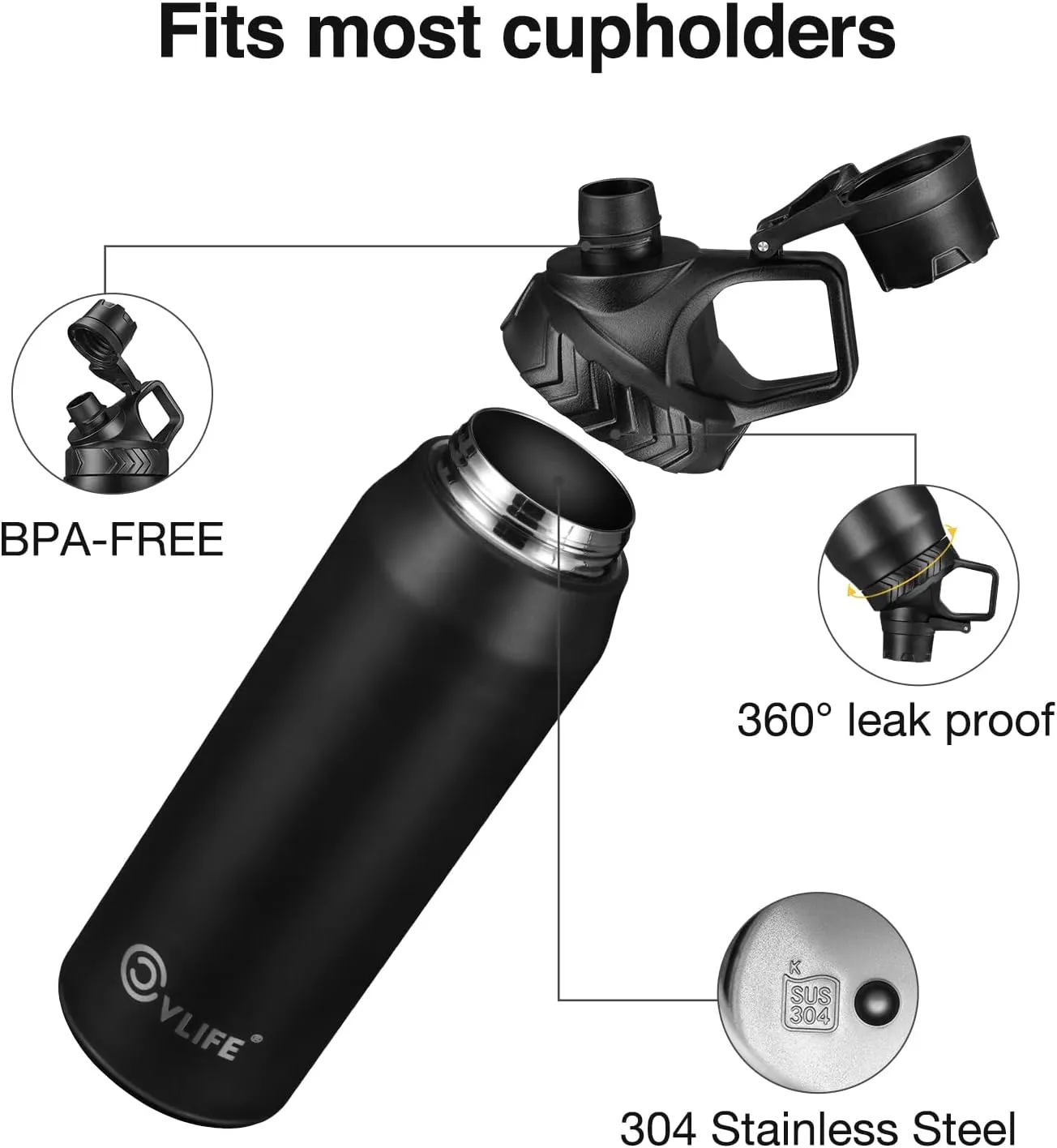 CVLIFE Insulated Water Bottle, 32 oz Stainless Steel Metal Water Bottle, Slanted Lid Design Travel Thermos Bottle, BPA Free, Lightweight and Leakproof, Suitable for Sports, Travel, Hiking, Black