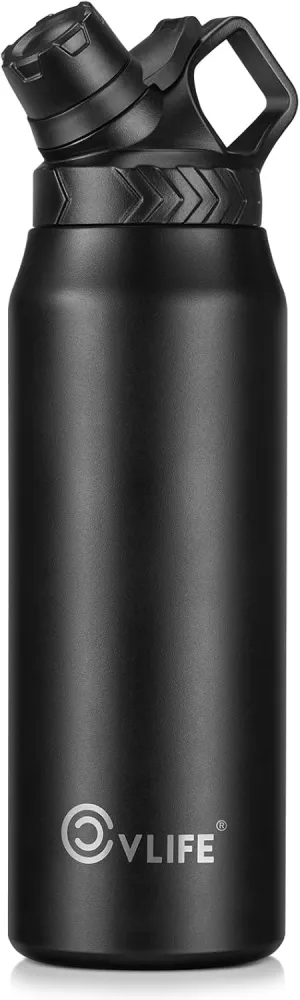 CVLIFE Insulated Water Bottle, 32 oz Stainless Steel Metal Water Bottle, Slanted Lid Design Travel Thermos Bottle, BPA Free, Lightweight and Leakproof, Suitable for Sports, Travel, Hiking, Black