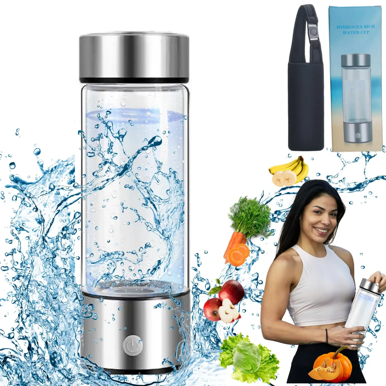 Dareen Hydrogen Water Bottle - Alkaline Ionizer Generator 420ML with 1400 PPB- SPE PEM Technology Portable Anti-Oxidation and Anti-Aging, Silver