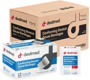 Dealmed 2" Sterile Conforming Stretch Gauze Bandages, 4.1 Yards Latex Free Stretched Dressing Wrap, Medical Non-Adherent Wound Care Mesh Bandages (Case of 96 Rolls)