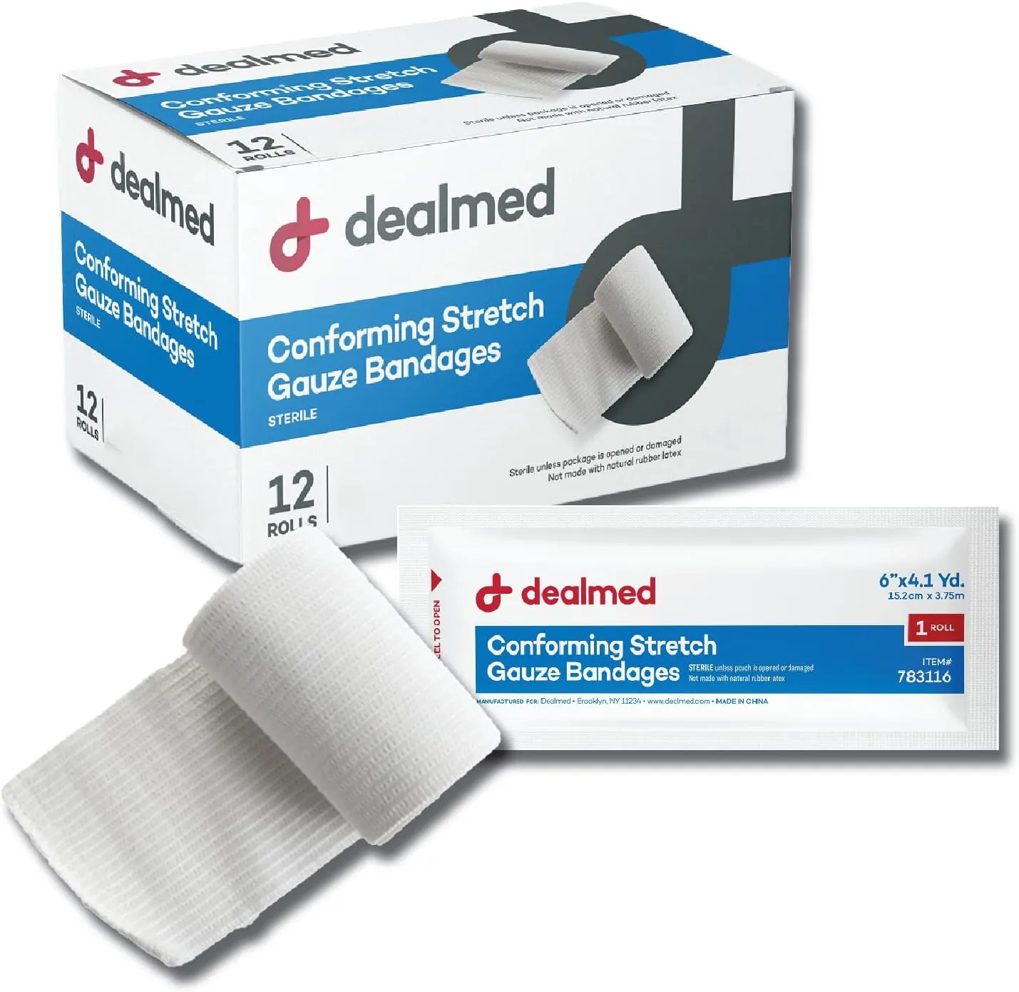 Dealmed 2" Sterile Conforming Stretch Gauze Bandages, 4.1 Yards Latex Free Stretched Dressing Wrap, Medical Non-Adherent Wound Care Mesh Bandages (Case of 96 Rolls)