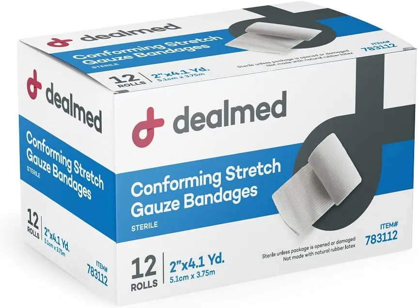 Dealmed 2" Sterile Conforming Stretch Gauze Bandages, 4.1 Yards Latex Free Stretched Dressing Wrap, Medical Non-Adherent Wound Care Mesh Bandages (Case of 96 Rolls)