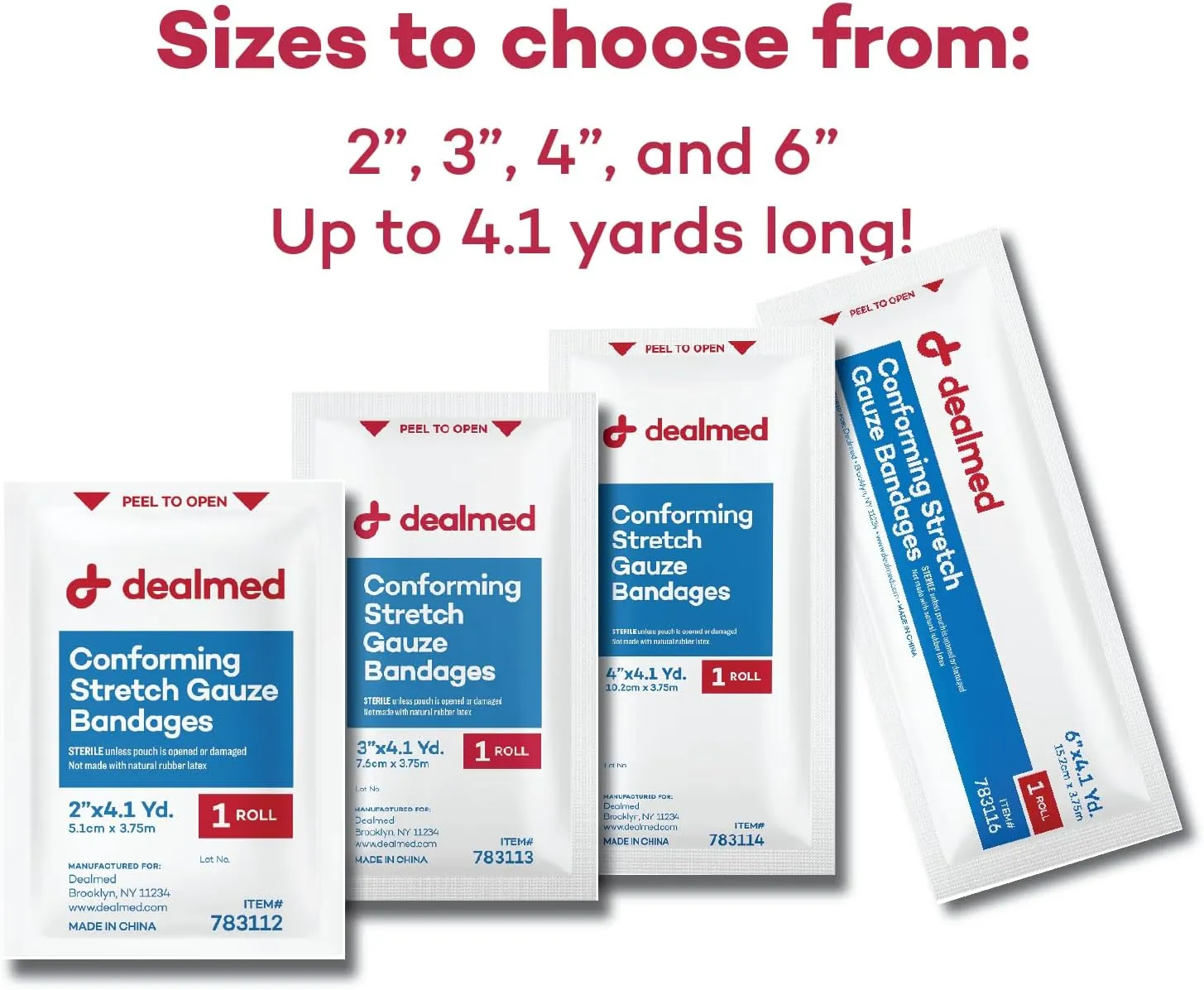 Dealmed 2" Sterile Conforming Stretch Gauze Bandages, 4.1 Yards Latex Free Stretched Dressing Wrap, Medical Non-Adherent Wound Care Mesh Bandages (Case of 96 Rolls)