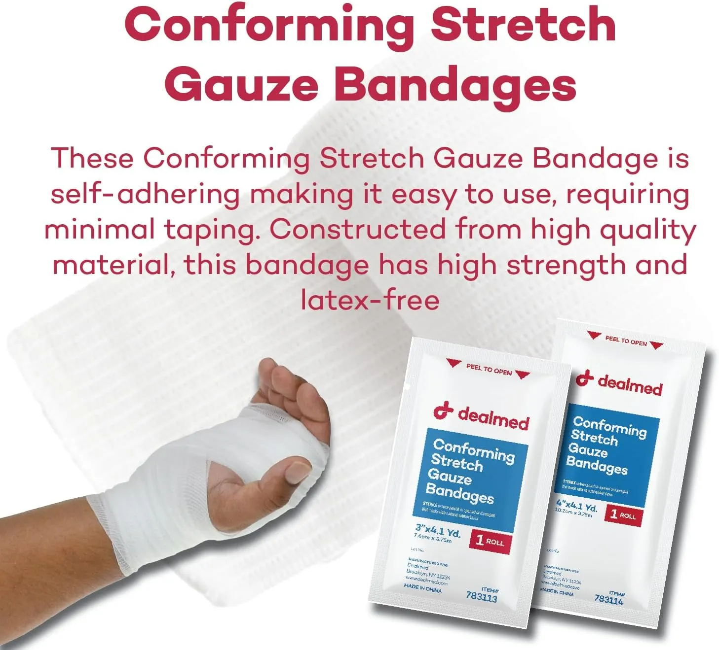 Dealmed 2" Sterile Conforming Stretch Gauze Bandages, 4.1 Yards Latex Free Stretched Dressing Wrap, Medical Non-Adherent Wound Care Mesh Bandages (Case of 96 Rolls)