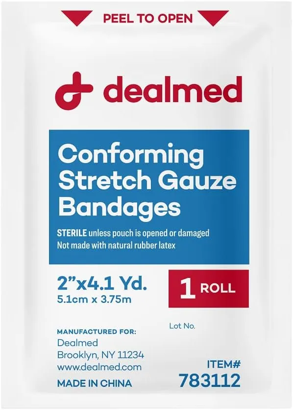 Dealmed 2" Sterile Conforming Stretch Gauze Bandages, 4.1 Yards Latex Free Stretched Dressing Wrap, Medical Non-Adherent Wound Care Mesh Bandages (Case of 96 Rolls)