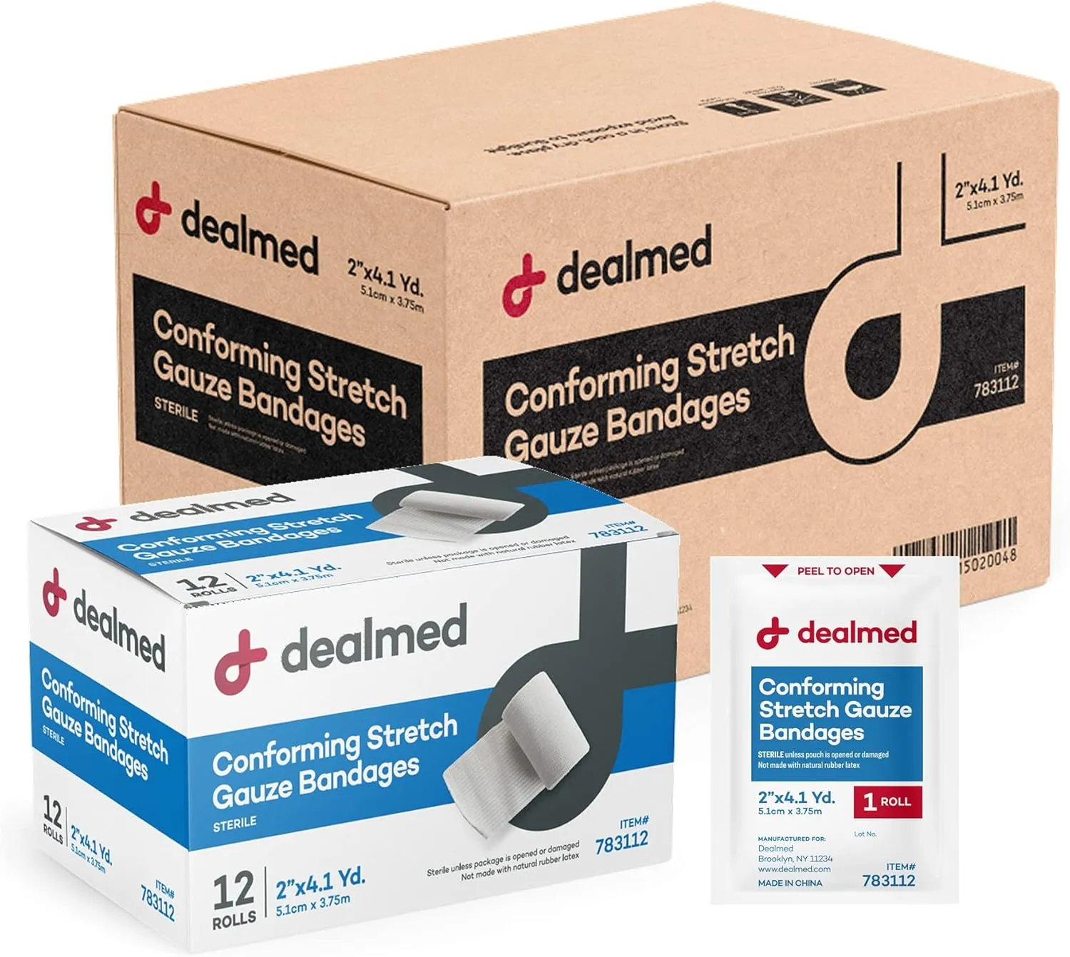 Dealmed 2" Sterile Conforming Stretch Gauze Bandages, 4.1 Yards Latex Free Stretched Dressing Wrap, Medical Non-Adherent Wound Care Mesh Bandages (Case of 96 Rolls)