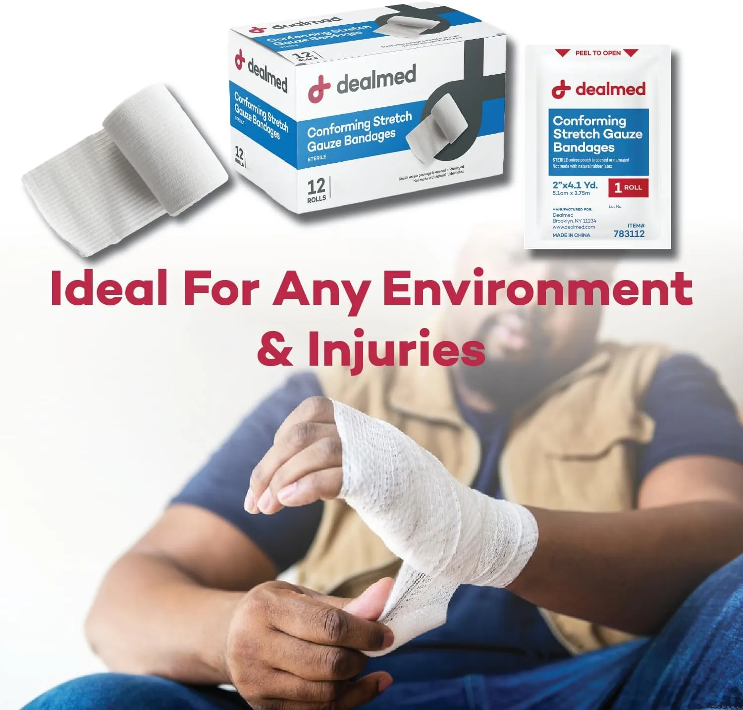 Dealmed 2" Sterile Conforming Stretch Gauze Bandages, 4.1 Yards Latex Free Stretched Dressing Wrap, Medical Non-Adherent Wound Care Mesh Bandages (Case of 96 Rolls)