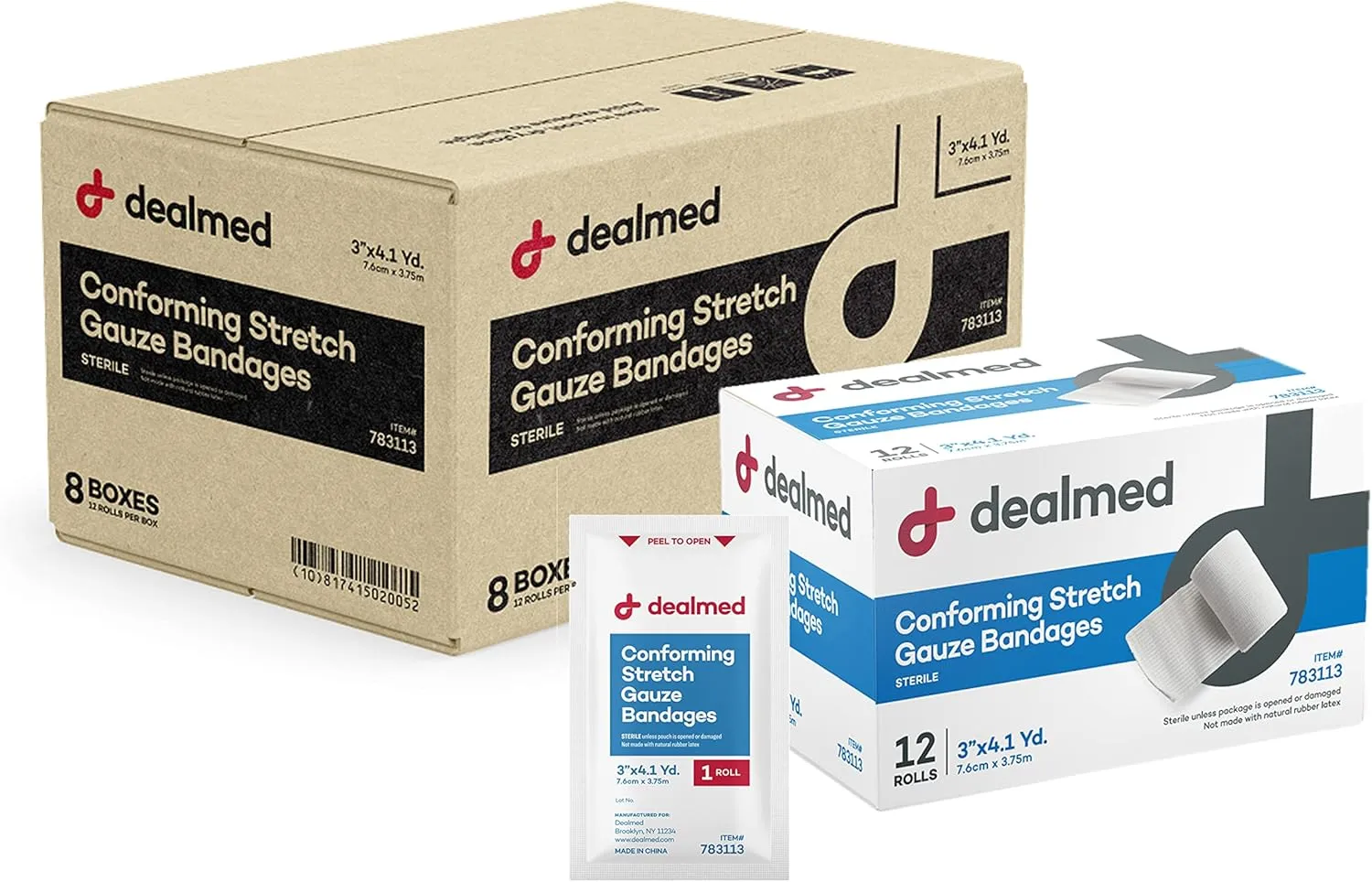 Dealmed 3" Sterile Conforming Stretch Gauze Bandages, 4.1 Yards Latex Free Stretched Dressing Wrap, Medical Non-Adherent Wound Care Mesh Bandages (Case of 96 Rolls)
