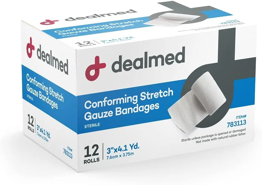 Dealmed 3" Sterile Conforming Stretch Gauze Bandages, 4.1 Yards Latex Free Stretched Dressing Wrap, Medical Non-Adherent Wound Care Mesh Bandages (Case of 96 Rolls)