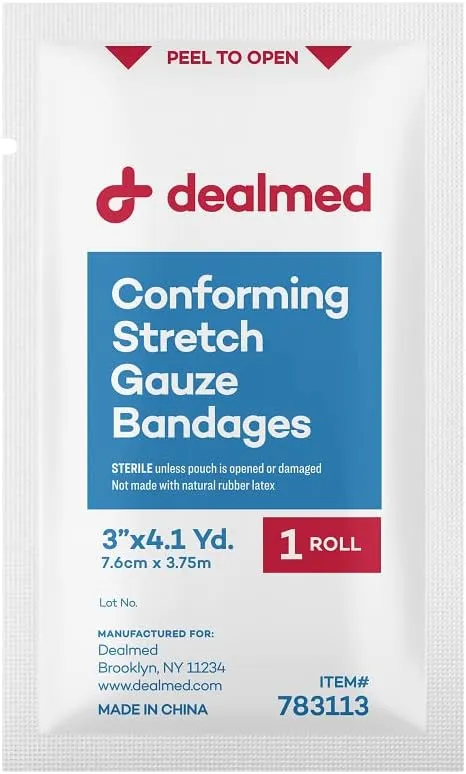 Dealmed 3" Sterile Conforming Stretch Gauze Bandages, 4.1 Yards Latex Free Stretched Dressing Wrap, Medical Non-Adherent Wound Care Mesh Bandages (Case of 96 Rolls)