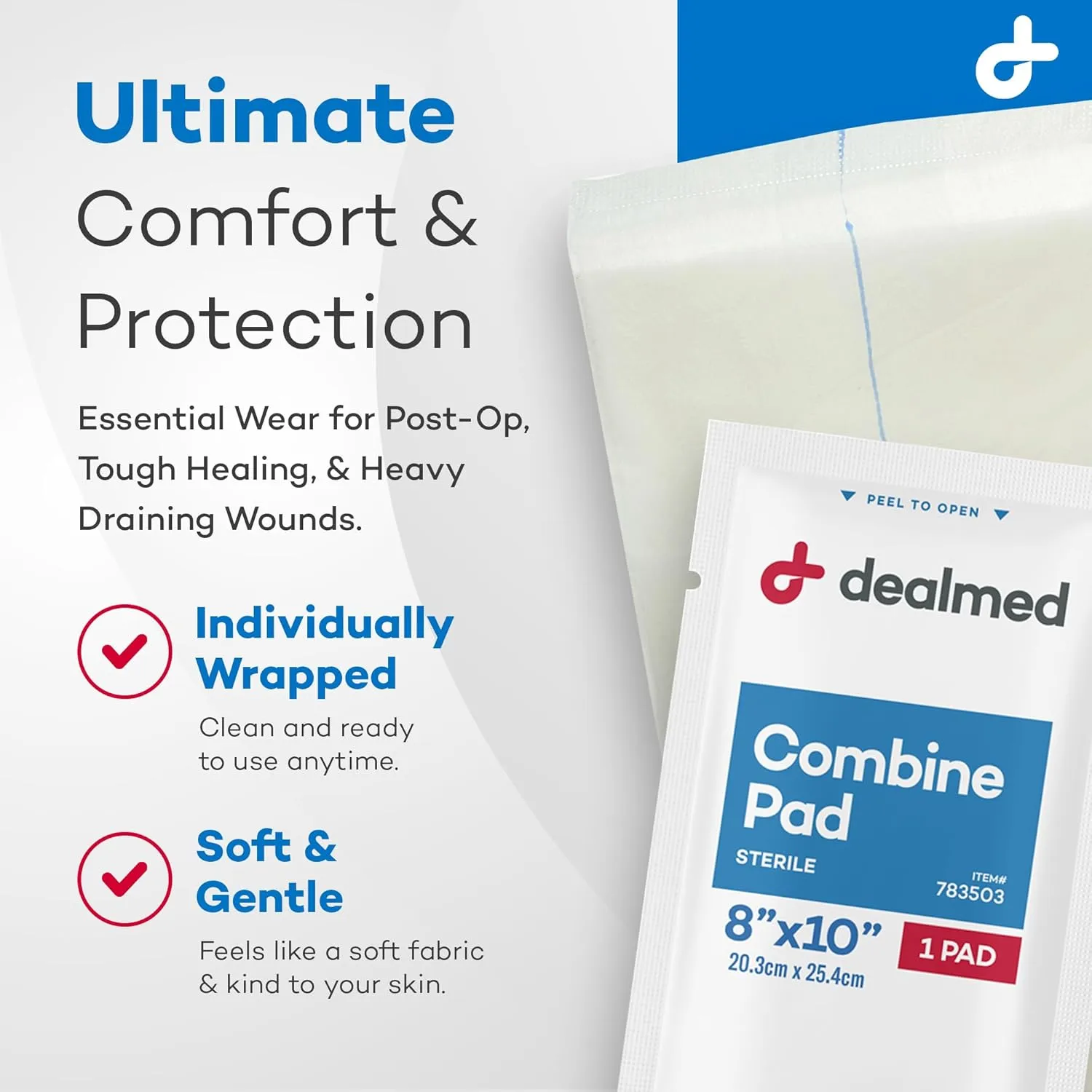 Dealmed Abdominal Combine Pads 8"x10" (24-Pack) Sterile Individually Wrapped, ABD Pads, Absorbent, Non Adherent for Wound Care, Drainage, First Aid, 24/Box (1 Pack)