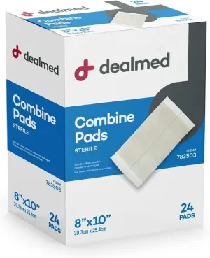Dealmed Abdominal Combine Pads 8"x10" (24-Pack) Sterile Individually Wrapped, ABD Pads, Absorbent, Non Adherent for Wound Care, Drainage, First Aid, 24/Box (1 Pack)
