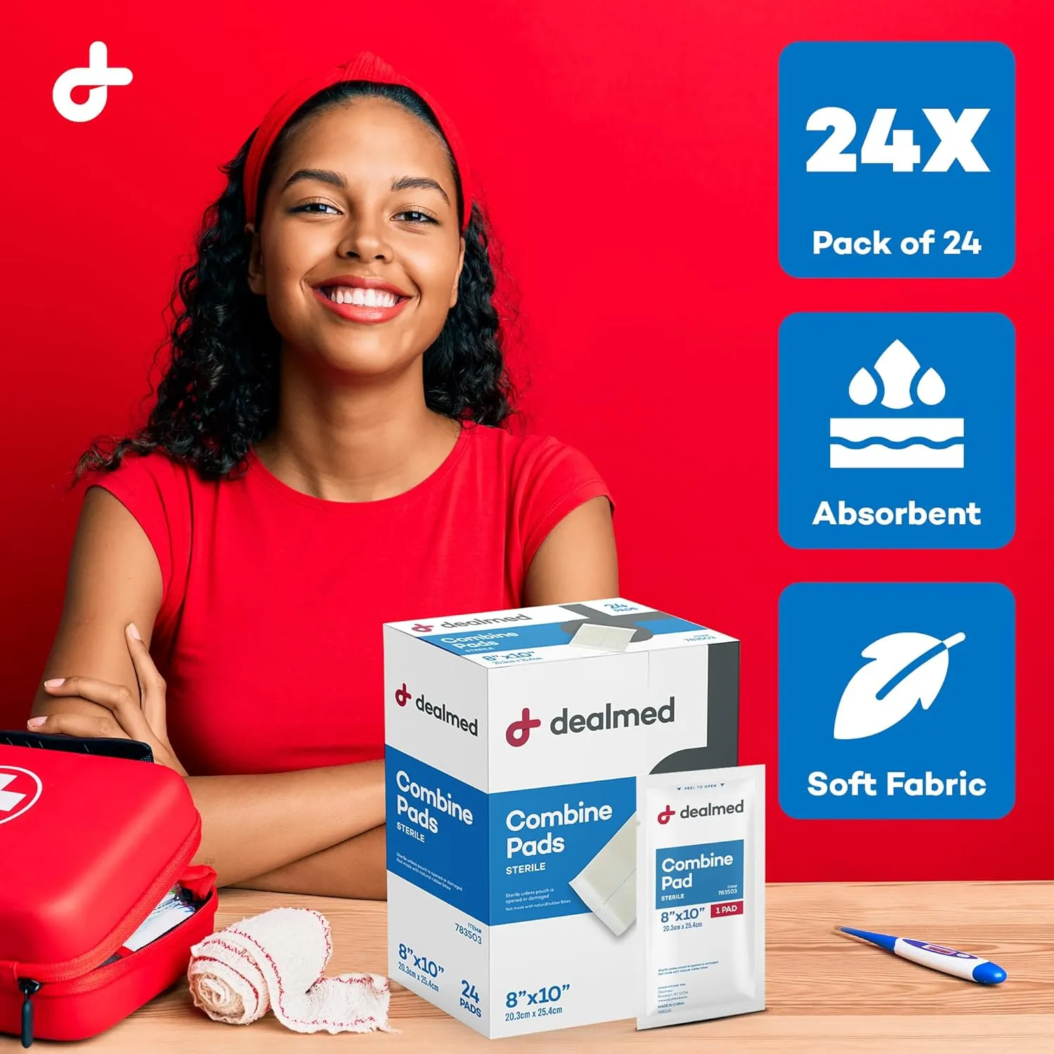 Dealmed Abdominal Combine Pads 8"x10" (24-Pack) Sterile Individually Wrapped, ABD Pads, Absorbent, Non Adherent for Wound Care, Drainage, First Aid, 24/Box (1 Pack)
