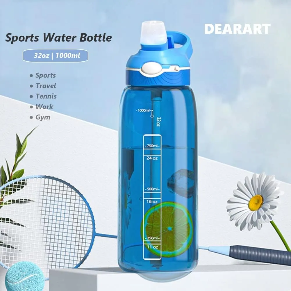 DEARART 32oz Light Blue Water Bottles With Straw, Clear Water Bottle BPA FREE Leakproof Has Handle Easy Carried, Suit Sports School Gym Office Walk Work etc.