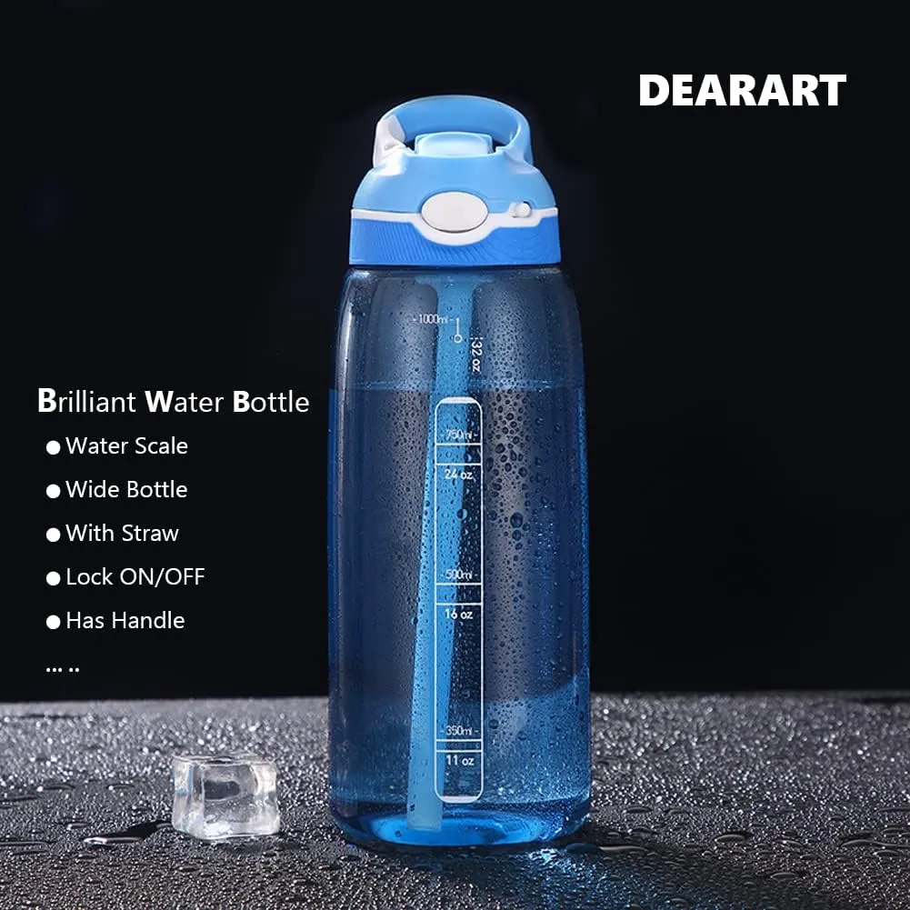 DEARART 32oz Light Blue Water Bottles With Straw, Clear Water Bottle BPA FREE Leakproof Has Handle Easy Carried, Suit Sports School Gym Office Walk Work etc.