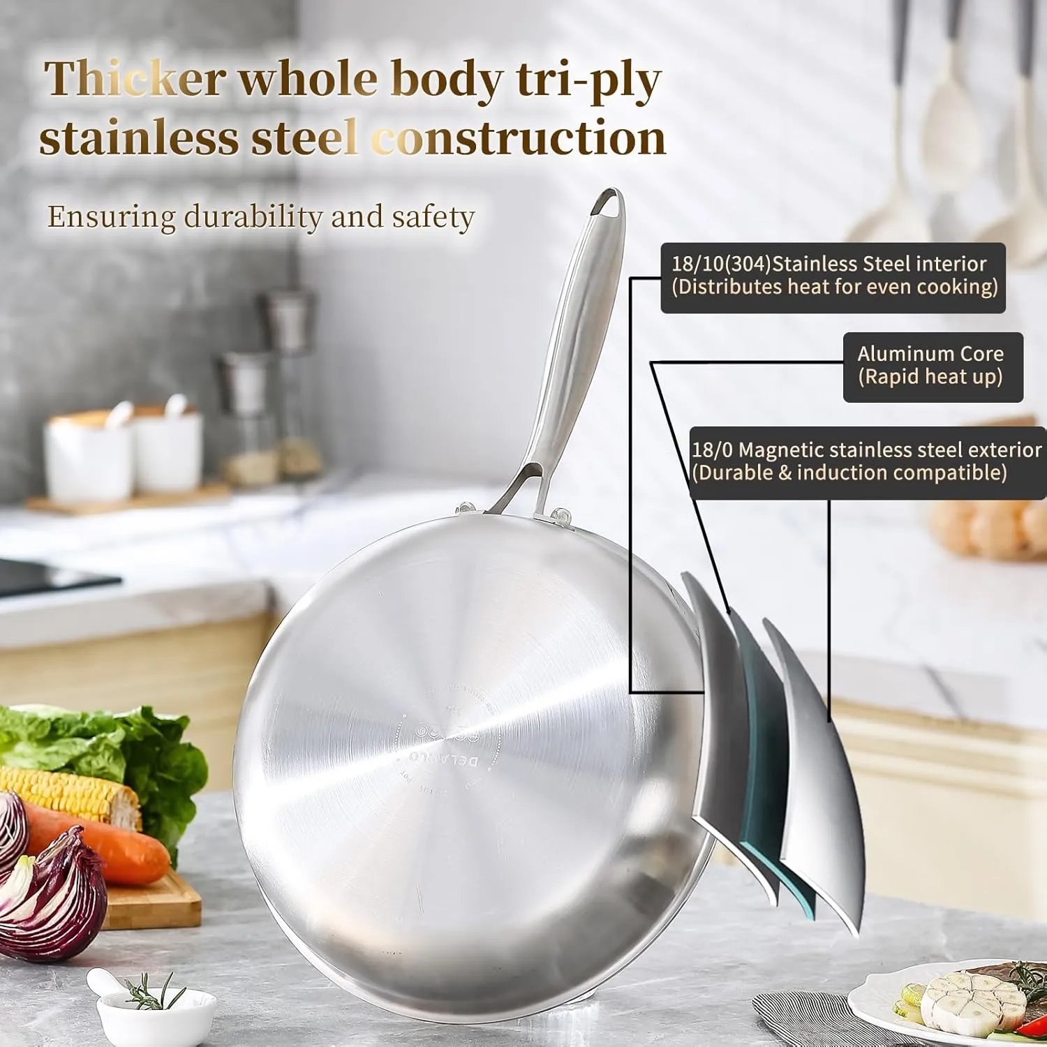 DELARLO Tri-Ply Stainless Steel Pan Set, 9" & 11",Compatible with All Cooktops Up to 600℉, Stainless Steel Frying Pan Set, Durable, Fast Even Heat, Cooking Pans, Kitchen Cookware Set, Skillet Set of 2
