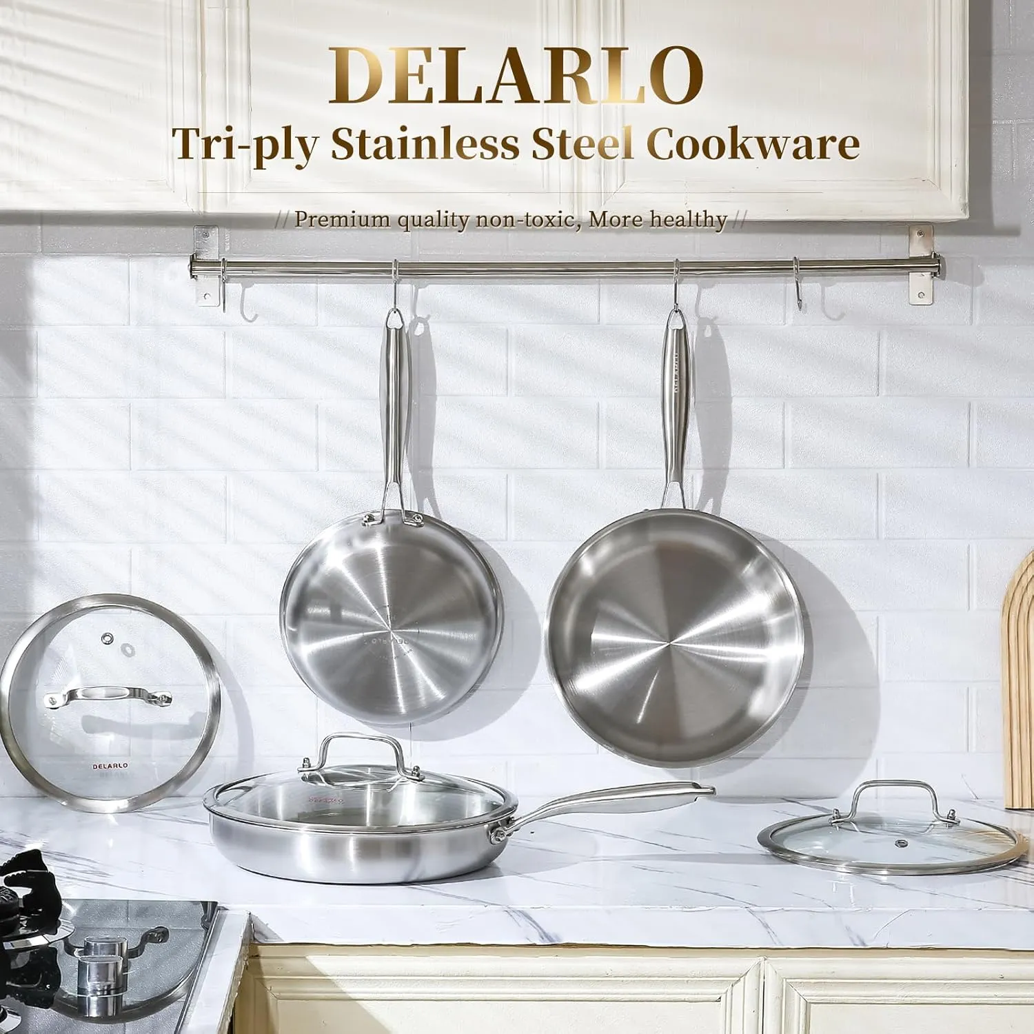 DELARLO Tri-Ply Stainless Steel Pan Set, 9" & 11",Compatible with All Cooktops Up to 600℉, Stainless Steel Frying Pan Set, Durable, Fast Even Heat, Cooking Pans, Kitchen Cookware Set, Skillet Set of 2