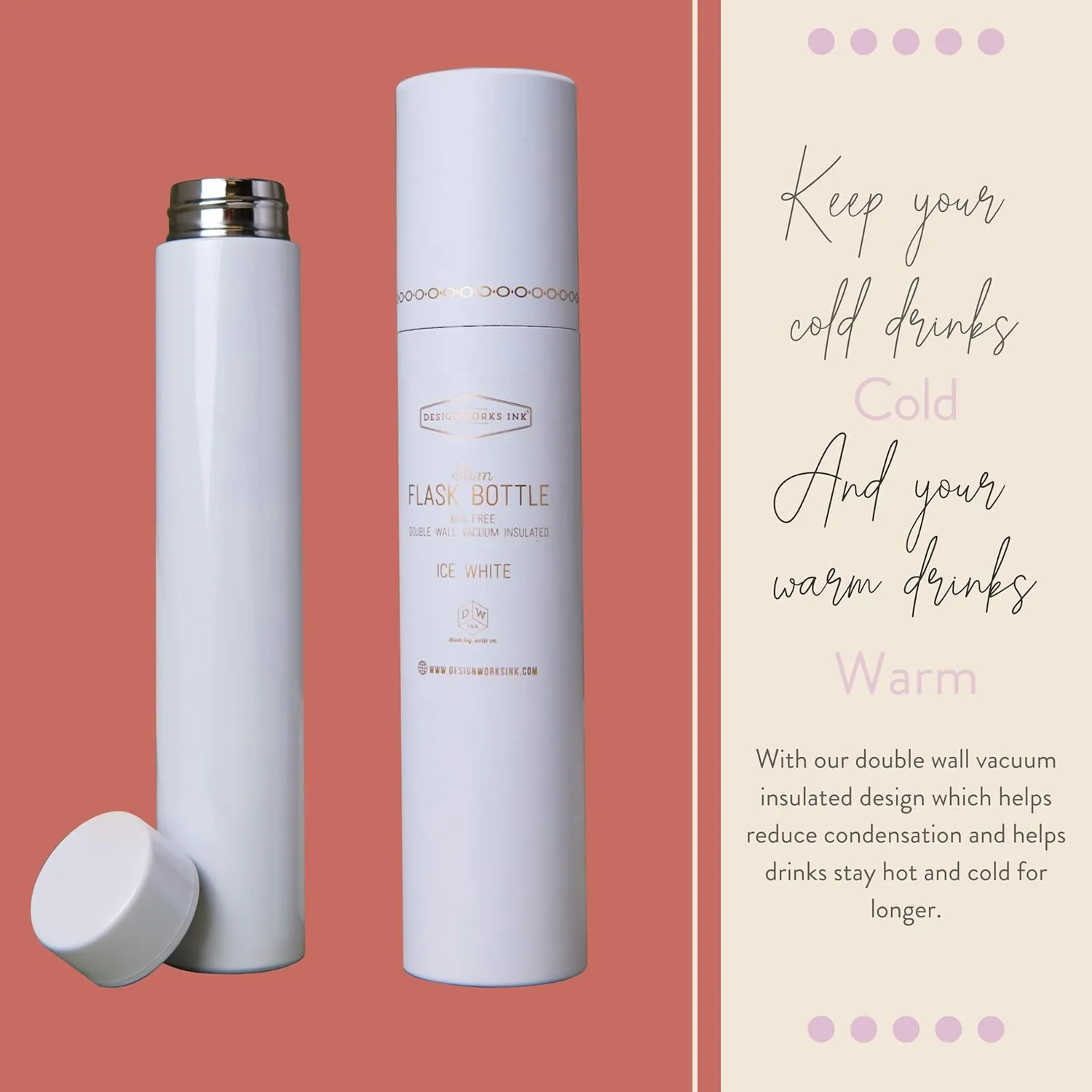 DesignWorks Ink Double Walled Vacuum Insulated BPA-Free Stainless Steel Slim Leakproof Bottle/Thermo Flask for Water/Cocktails/Juices/Smoothies and More - 8 Ounce, Ice White