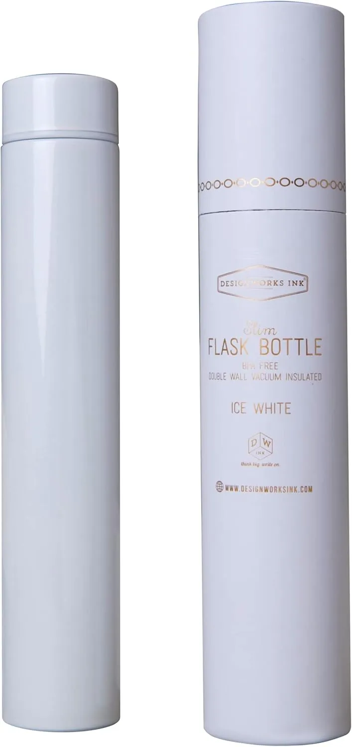 DesignWorks Ink Double Walled Vacuum Insulated BPA-Free Stainless Steel Slim Leakproof Bottle/Thermo Flask for Water/Cocktails/Juices/Smoothies and More - 8 Ounce, Ice White