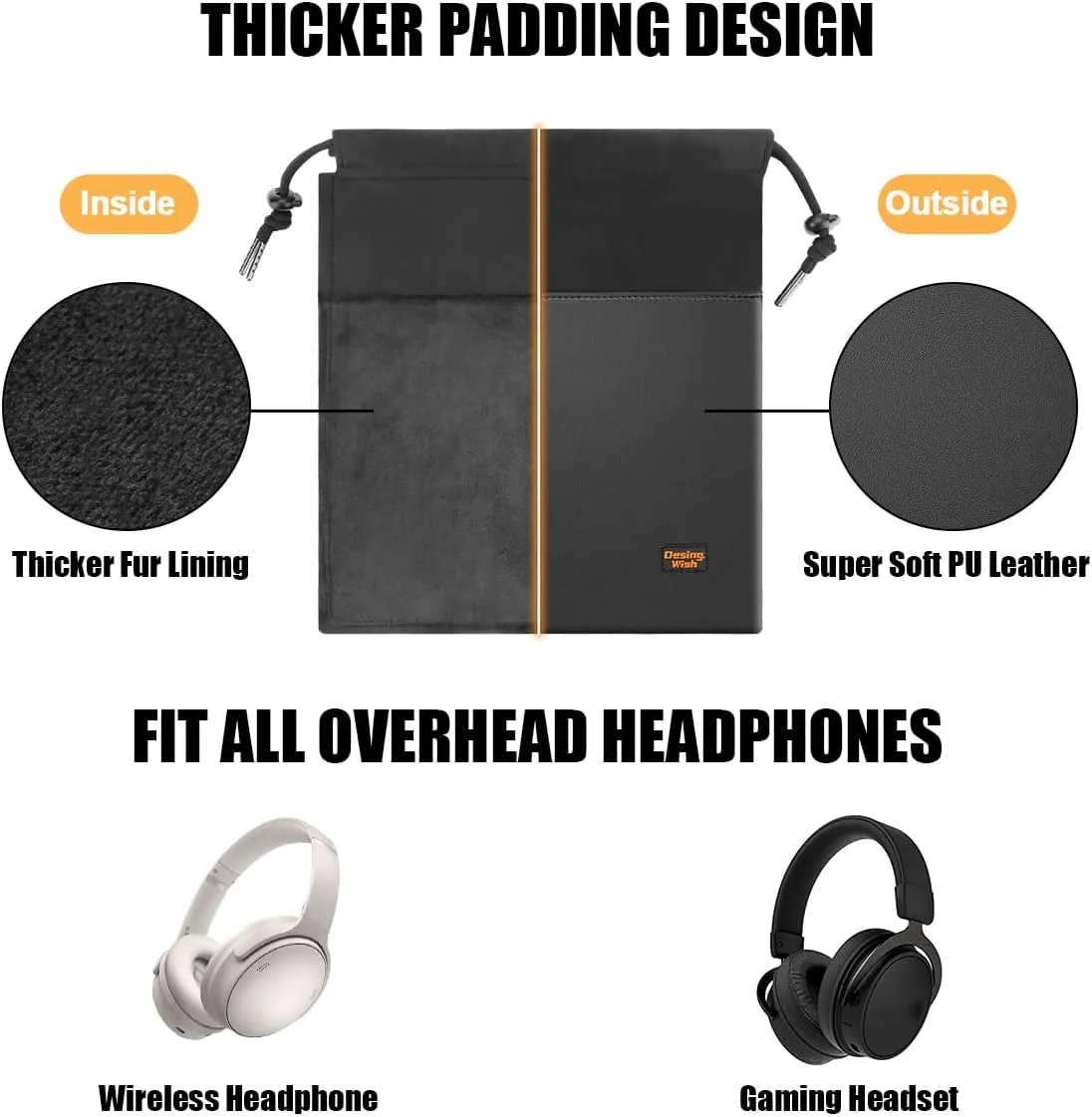 Desing Wish Over-Ear Headphone Storage Bag, Lightweight Headphones Carrying Pouch Travel Headset Case Bag Thicker Fur Lining & Super Soft Leather for Overhead Headphones Gaming Headsets (Large Black)