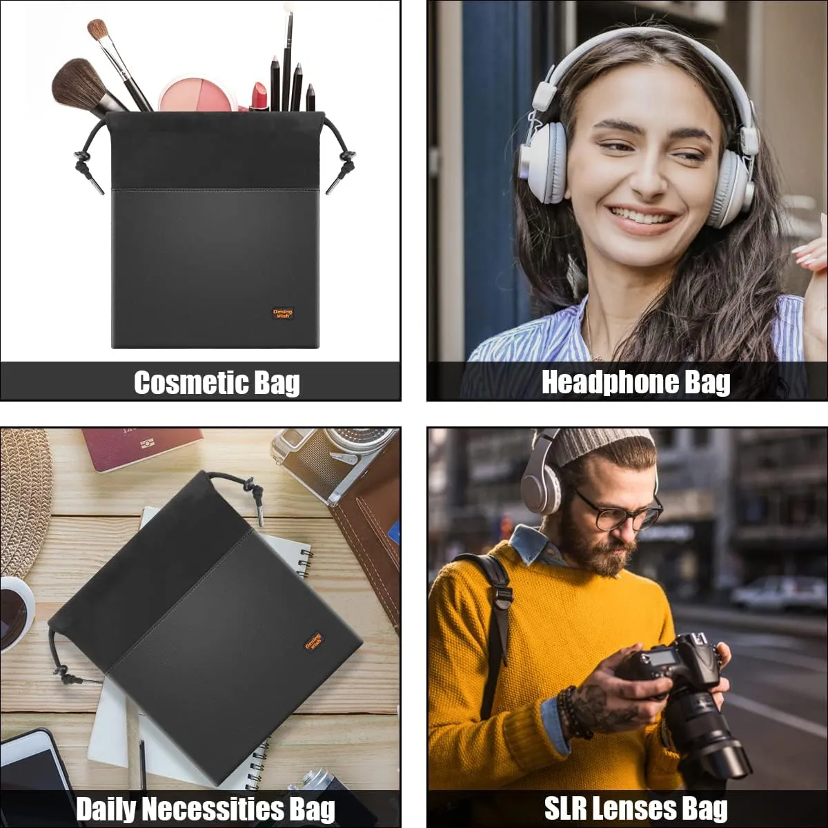 Desing Wish Over-Ear Headphone Storage Bag, Lightweight Headphones Carrying Pouch Travel Headset Case Bag Thicker Fur Lining & Super Soft Leather for Overhead Headphones Gaming Headsets (Large Black)