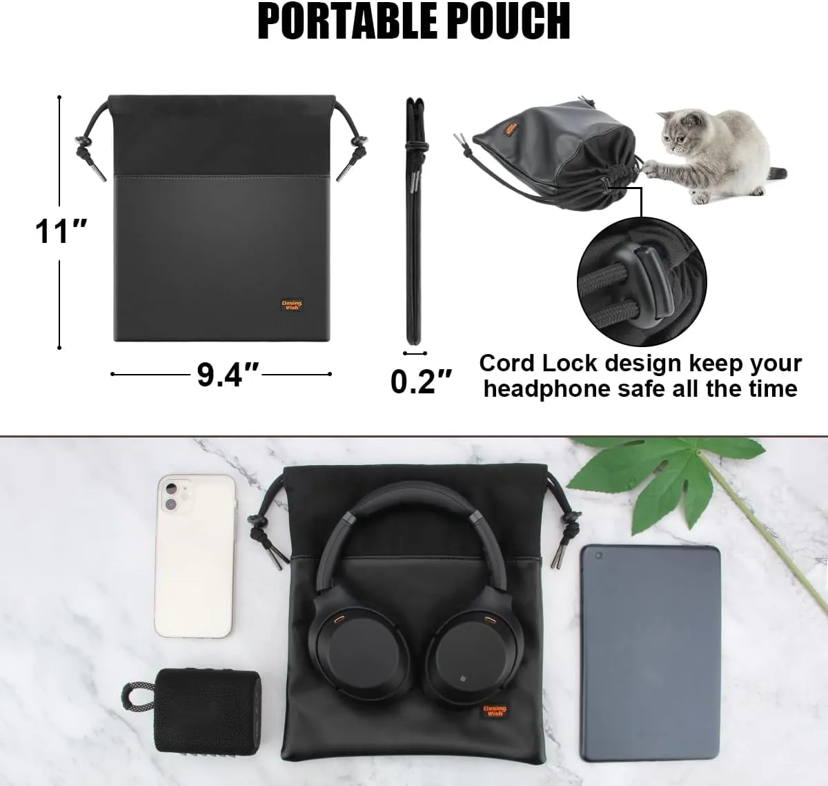 Desing Wish Over-Ear Headphone Storage Bag, Lightweight Headphones Carrying Pouch Travel Headset Case Bag Thicker Fur Lining & Super Soft Leather for Overhead Headphones Gaming Headsets (Large Black)