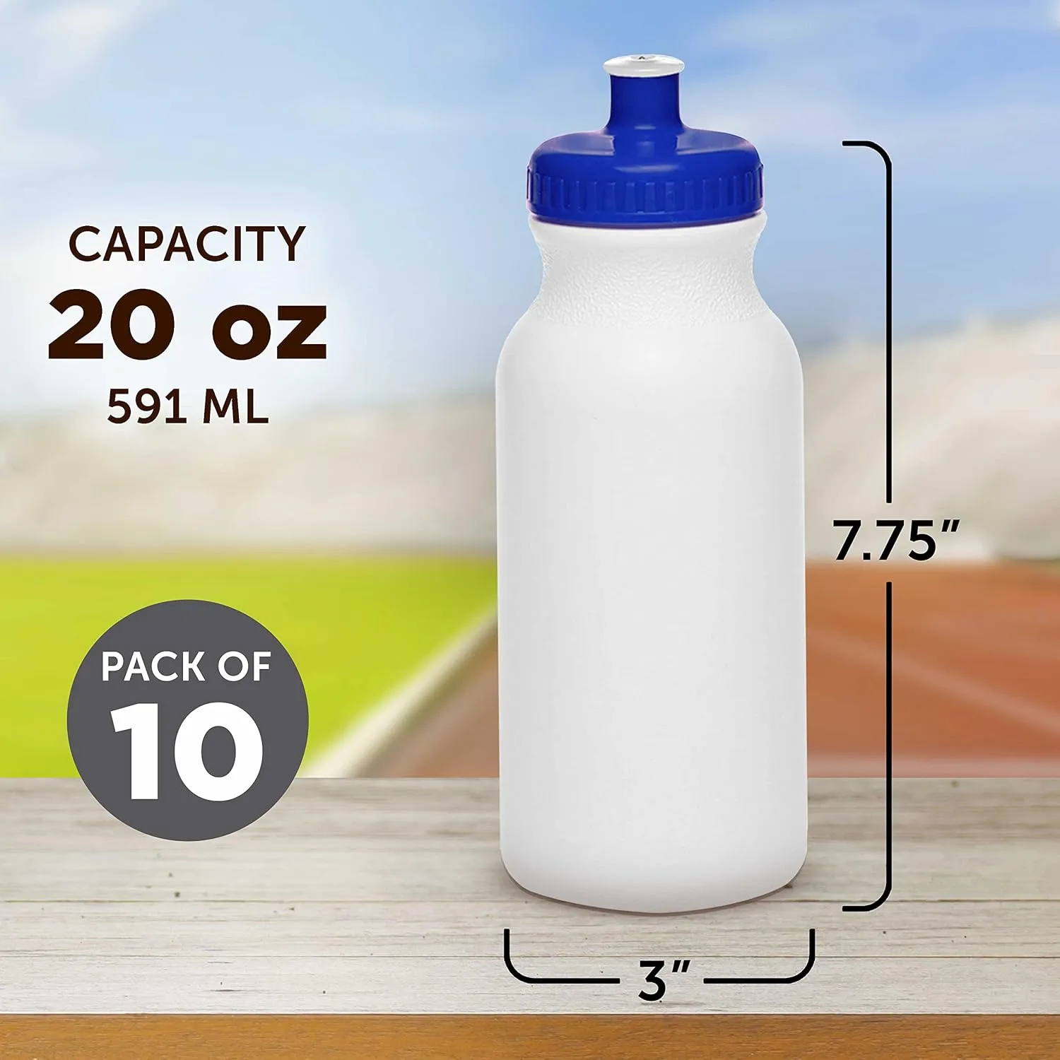 DISCOUNT PROMOS White Water Bottles with Push Cap, 10 pack, 20 oz, Reusable BPA FREE Squeezable Bottles in Bulk, White Blue