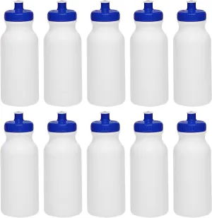 DISCOUNT PROMOS White Water Bottles with Push Cap, 10 pack, 20 oz, Reusable BPA FREE Squeezable Bottles in Bulk, White Blue