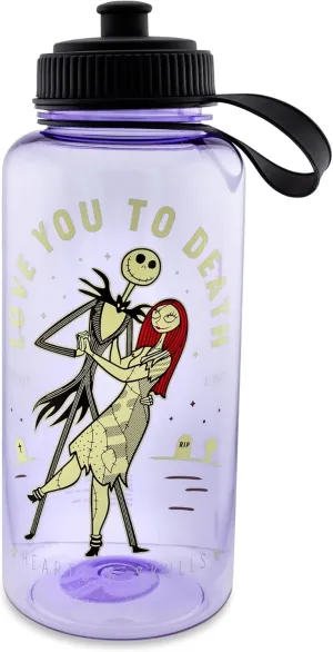 Disney The Nightmare Before Christmas Love You To Death Plastic Water Bottle With Spill-Resistant Sports Cap Lid | Holds 34 Ounces