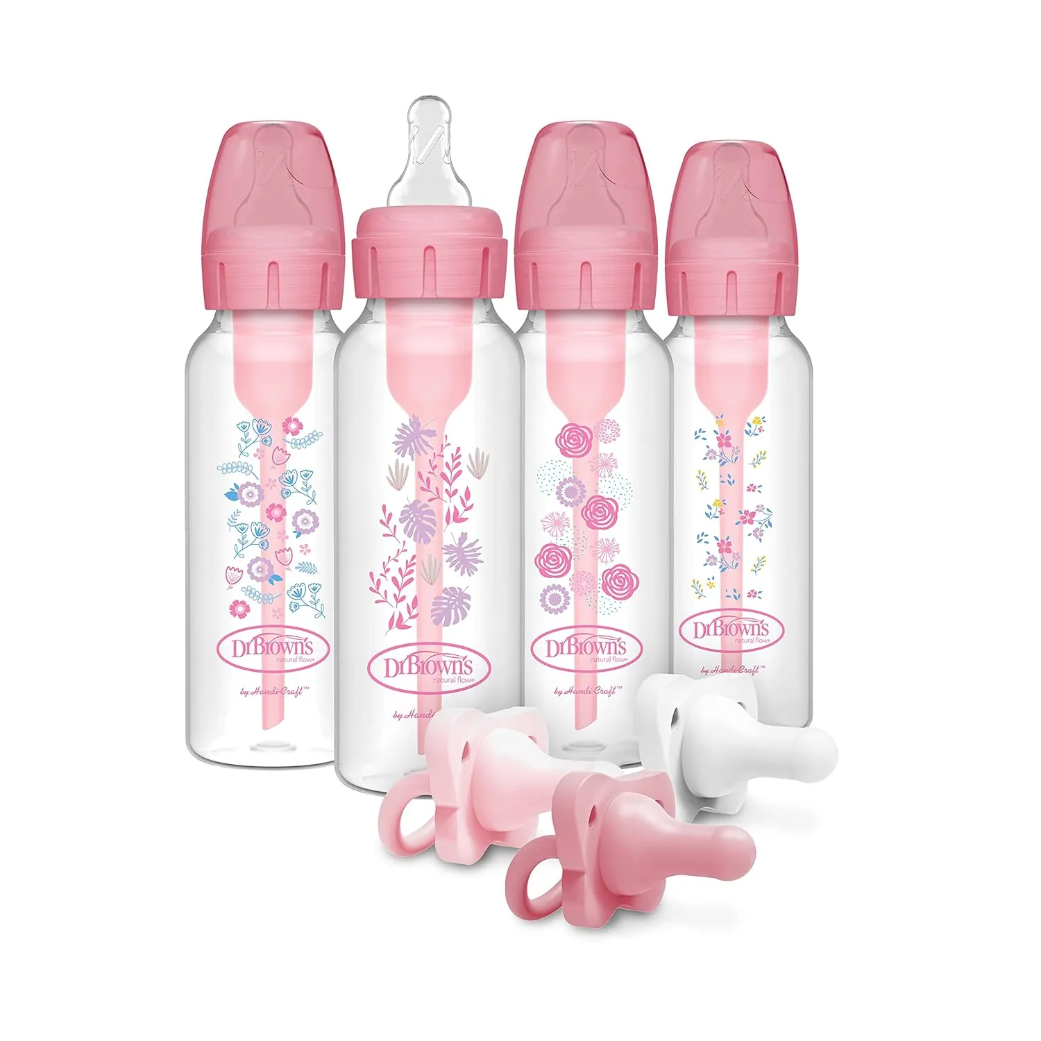 Dr. Brown’s Anti-Colic Options  Baby Bottles, Narrow, Pink Floral Designs, 8oz, 4 Pack and HappyPaci 100% Silicone Pacifier 0-6m, BPA Free, White, Pink, Light Pink 3-Pack
