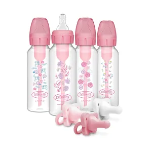 Dr. Brown’s Anti-Colic Options  Baby Bottles, Narrow, Pink Floral Designs, 8oz, 4 Pack and HappyPaci 100% Silicone Pacifier 0-6m, BPA Free, White, Pink, Light Pink 3-Pack
