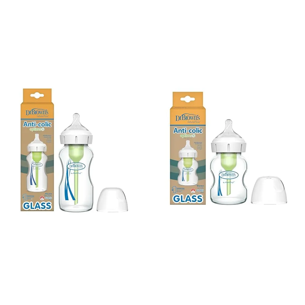 Dr. Brown's Anti-Colic Options  Wide-Neck Glass Baby Bottles, 9 oz & 5 oz with Level 1 Slow Flow Nipples, 2 Pack