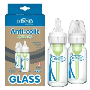 Dr. Brown's Natural Flow Anti-Colic Options  Narrow Glass Baby Bottle 4 oz/120 mL, with Level 1 Slow Flow Nipple, 2 Pack, 0m 