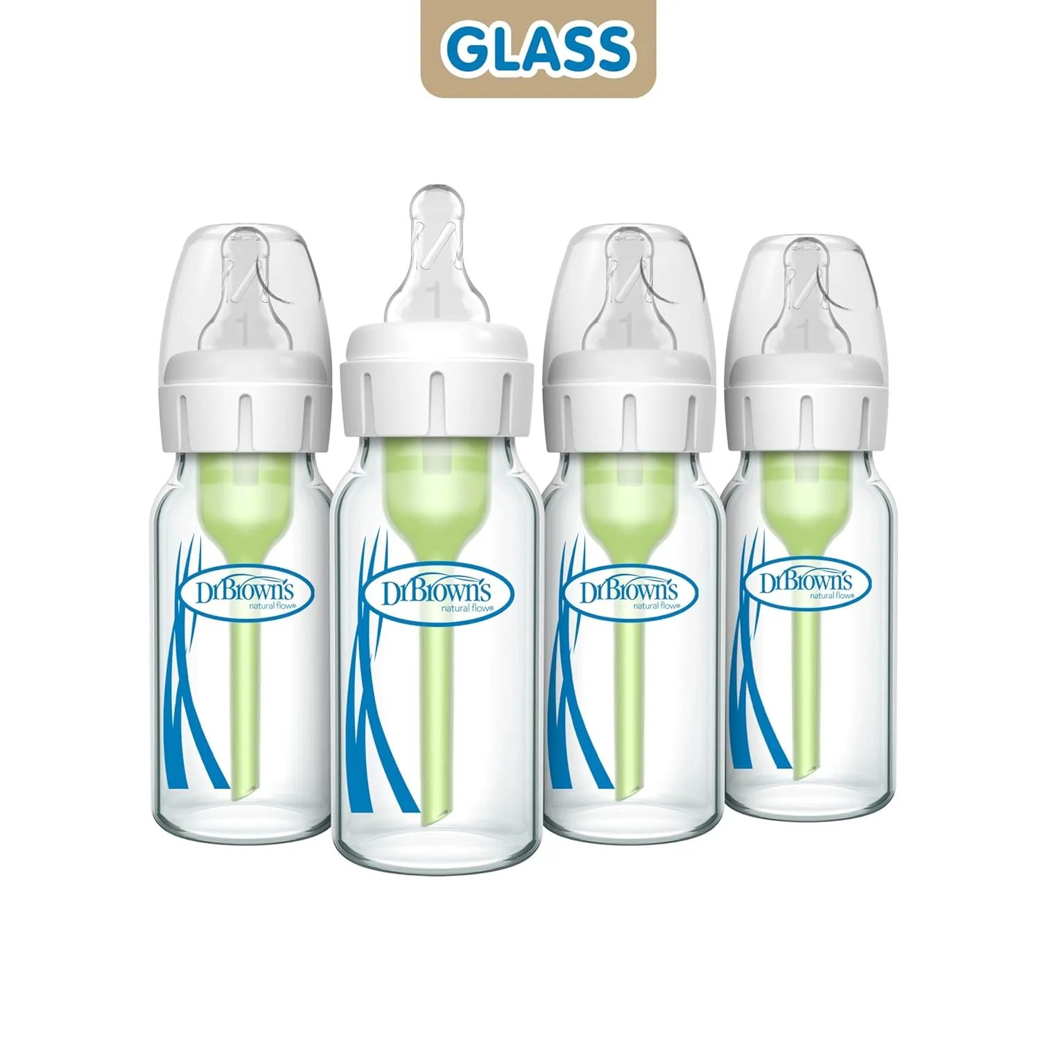 Dr. Brown's Natural Flow Anti-Colic Options  Narrow Glass Baby Bottle 4 oz/120 mL, with Level 1 Slow Flow Nipple, 4 Pack, 0m 
