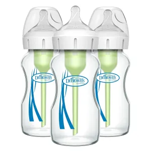 Dr. Brown's Natural Flow Anti-Colic Options  Wide-Neck Glass Baby Bottles 9 oz/270 mL, with Level 1 Slow Flow Nipple, 3 Pack, 0m 