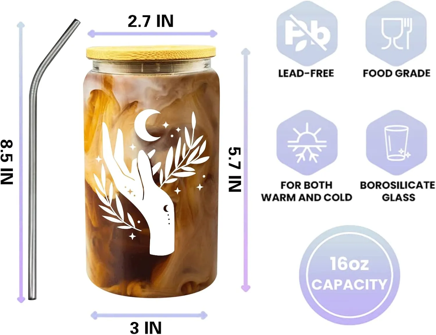 Drinking Glasses with Bamboo Lids and Straw, Boho Moon Hand Iced Coffee Cup,16oz Beer Can Shaped Glass Cups, Cute Tumbler Cup for Smoothie, Boba Tea, Whiskey, Water